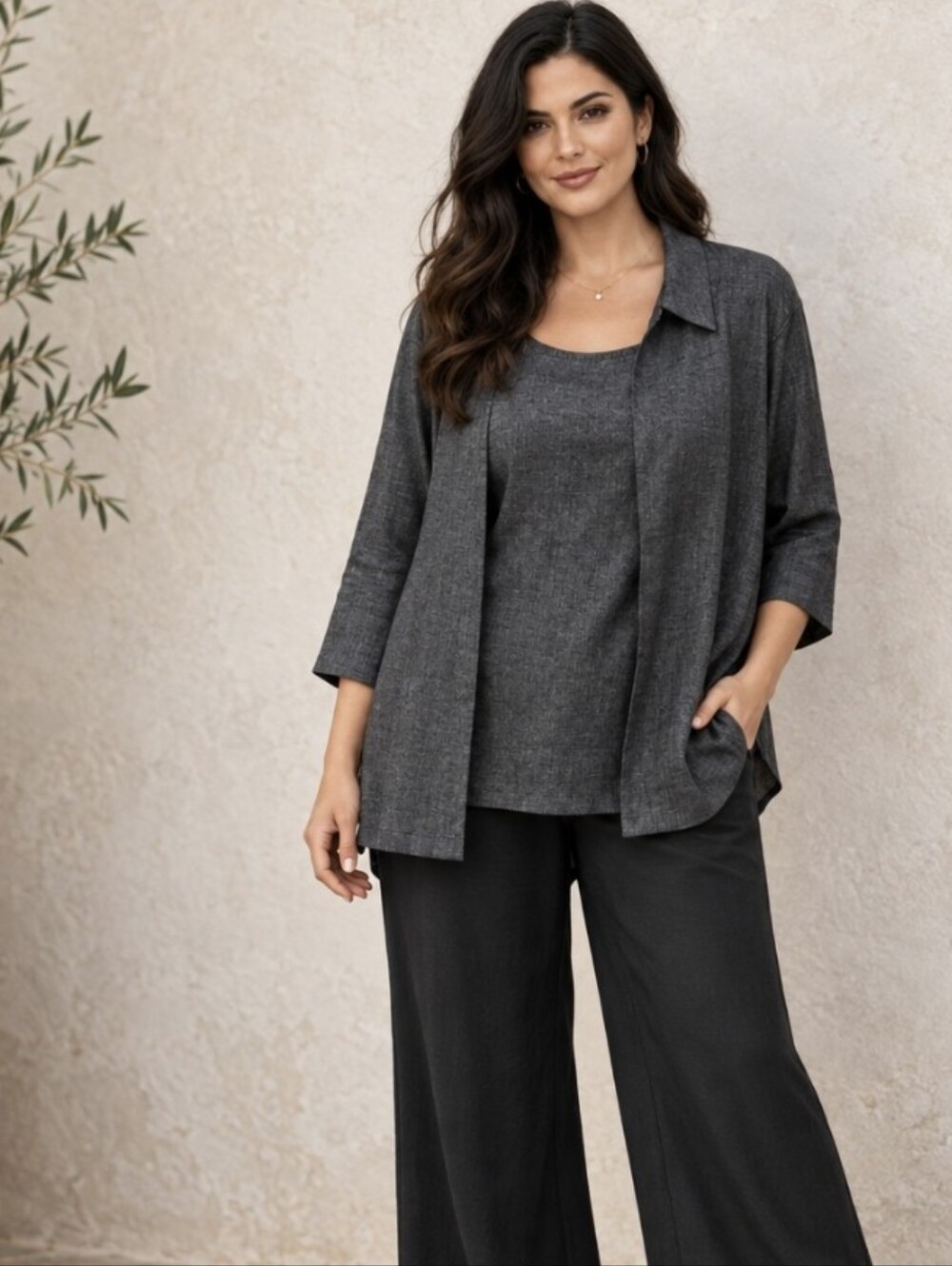 Marina Rinaldi Two-Piece Set Linen Blend Tank And Jacket Charcoal Italy US Sz 18